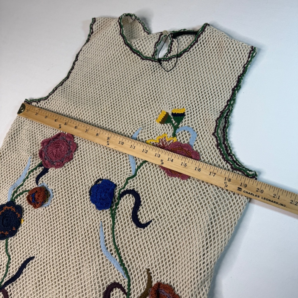 Zara Women Beige Knit Mini Dress 3D Crochet Floral Applique Size L Boho NWOT - Picture 6 of 10